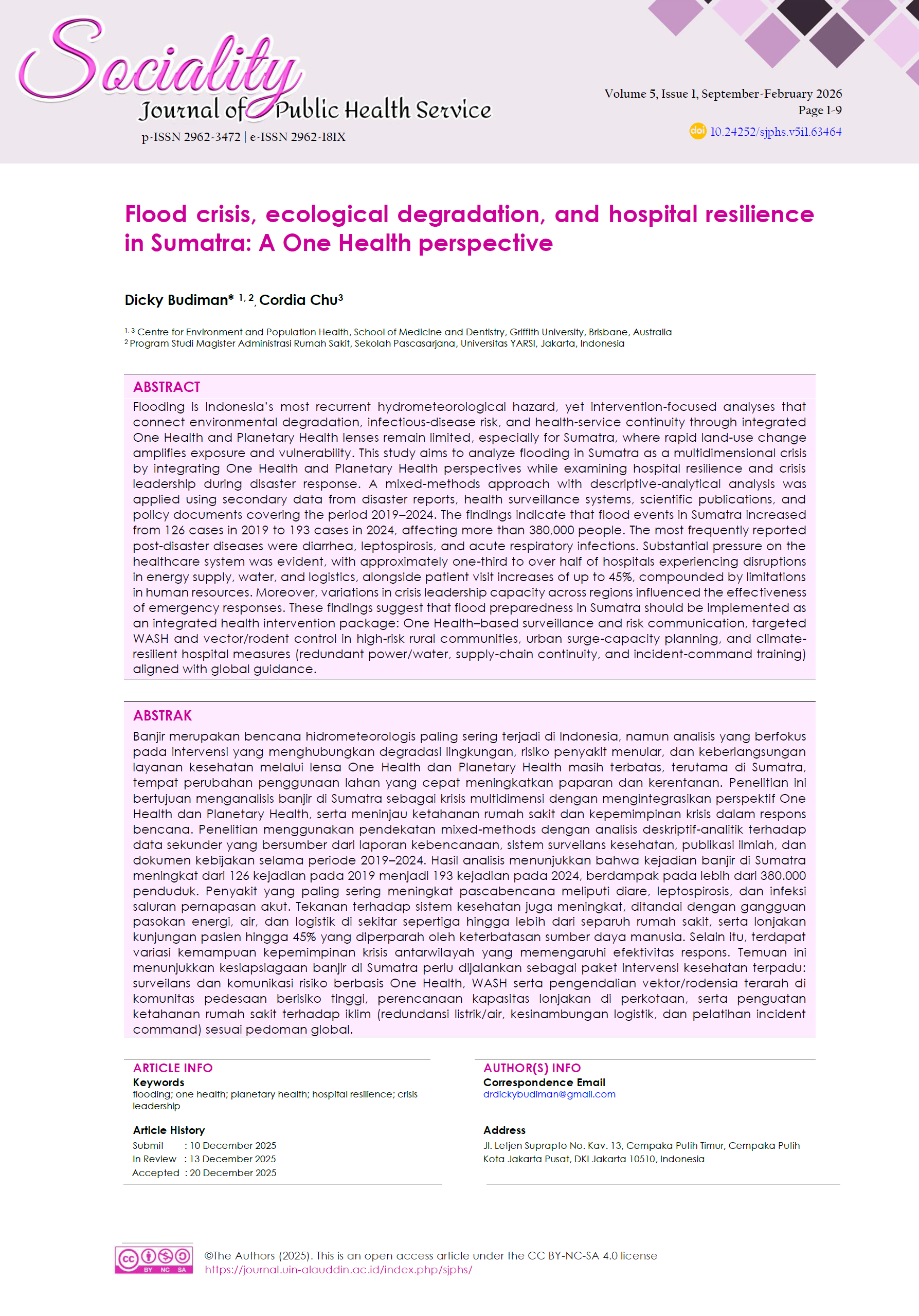 Flood Crisis, Ecological Degradation, and Hospital Resilience in Sumatra A One Health Perspective